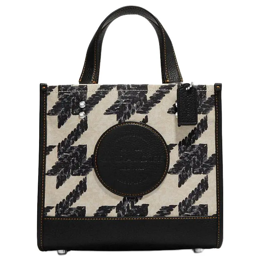 COACH Dempsey 22 Textured Logo Houndstooth Snap Closure Canvas and Leather Tote Bag for Women in Black and Cream