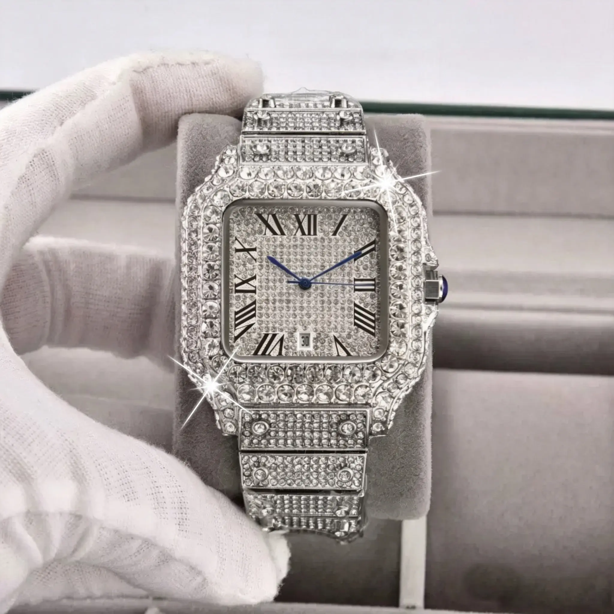 Iced Out Men's Watch, Square CZ and Moiss Design, Waterproof Statement Piece for Business and Party Iced Out Men's Watch, Square CZ and Moiss Design, Waterproof Statement Piece for Business and Party
