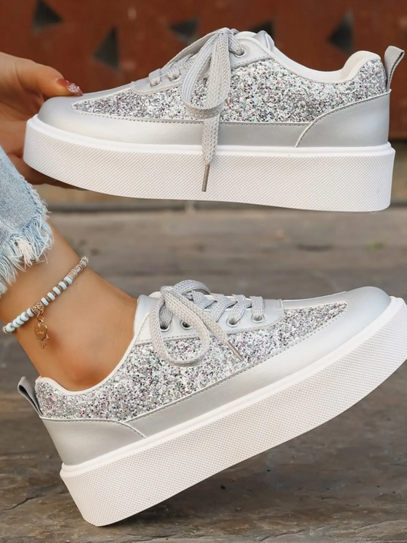 Spring Summer Thick Sole Platform Shoes for Women, Glitter Laces Casual Board Sneakers, Soft Bottom Height Boost Shoes, Breathable Commuter Shoes Trainer