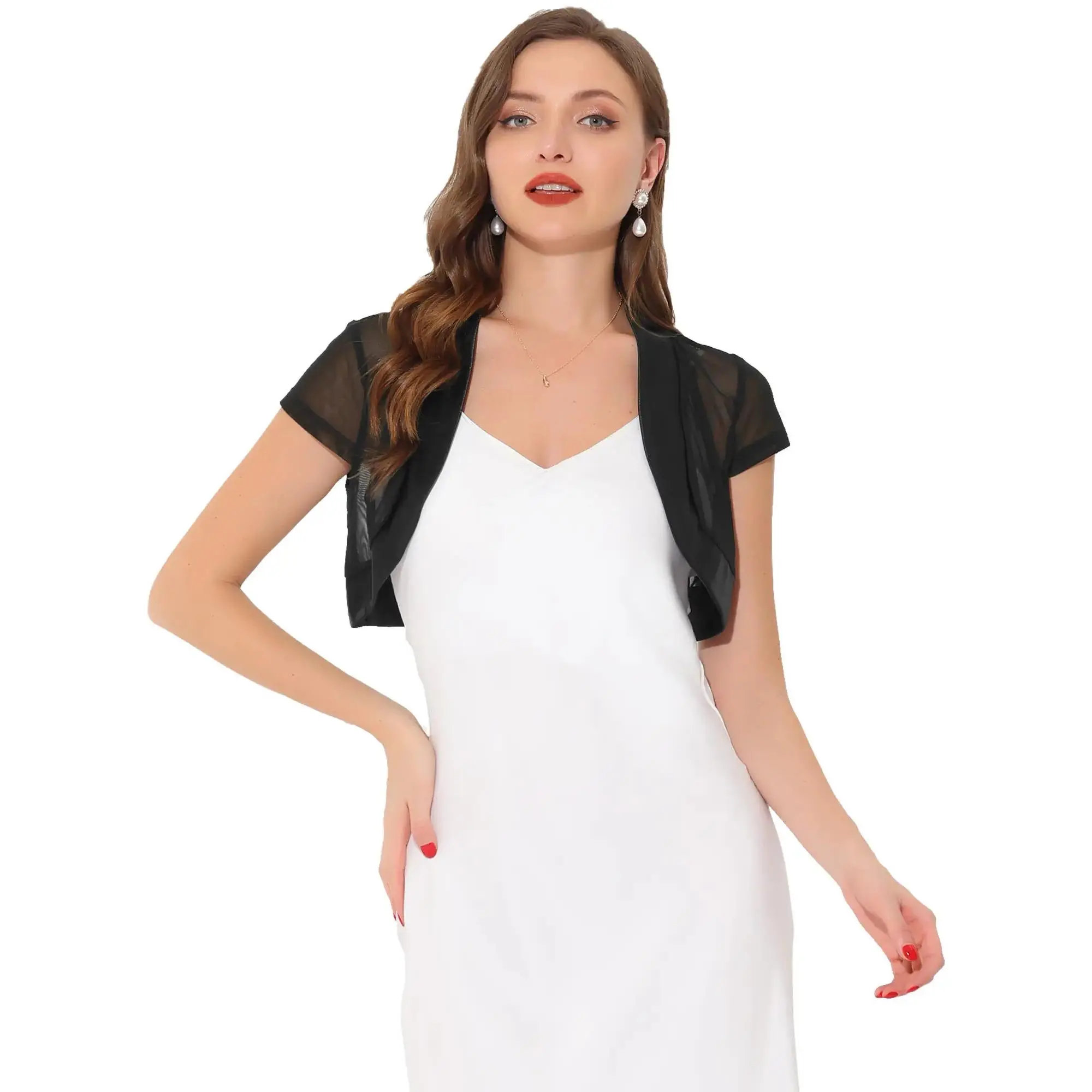 Satin Shrug Bolero Cap Sleeve Open Front Mesh Crop Cardigan