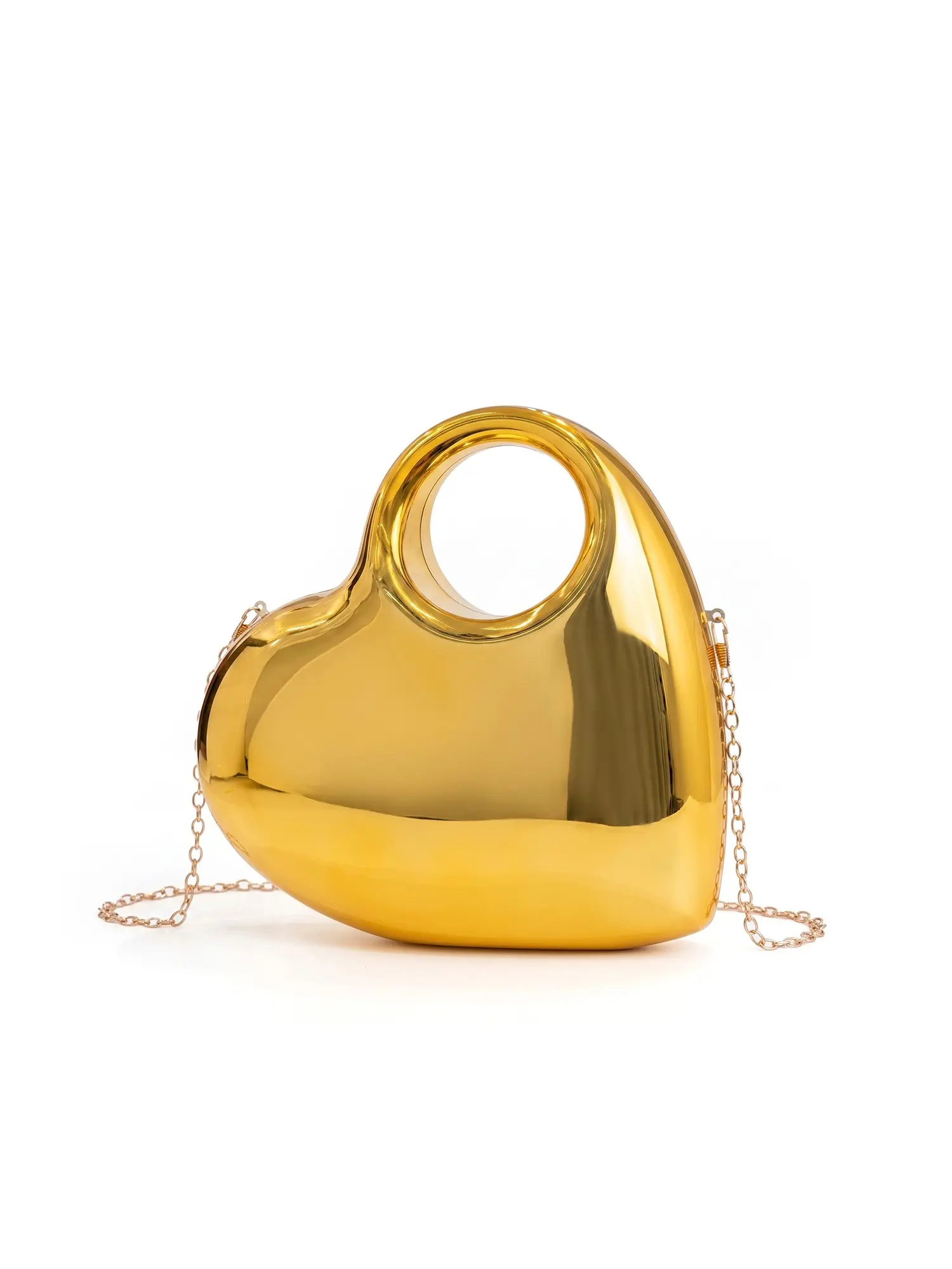 Women 3D Heart Shape Evening Clutch Bag, Mirror Metallic Acrylic Hardcase Top Handle Handbag With Detachable Chain Strap, Shiny Formal Crossbody Purse For Wedding Prom Valentine Party