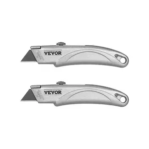 VEVOR Utility Knife, 2 - Pack Retractable Box Cutter, with Aluminum Alloy Case, SK5 Blades and Handle, 3 - Position Blade, 5 Blades, Heavy Duty Box Cutter for Leather, Card Board, Rubber Cables, Silver