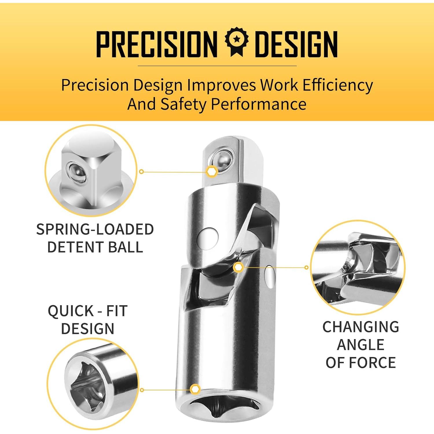 3- Universal Joint Socket Adapter Set, 1/2", 3/8", and 1/4" Drive, Ball Spring Design, Chrome Vanadium Steel Swivel Socket Adapter Set, Full Polished
