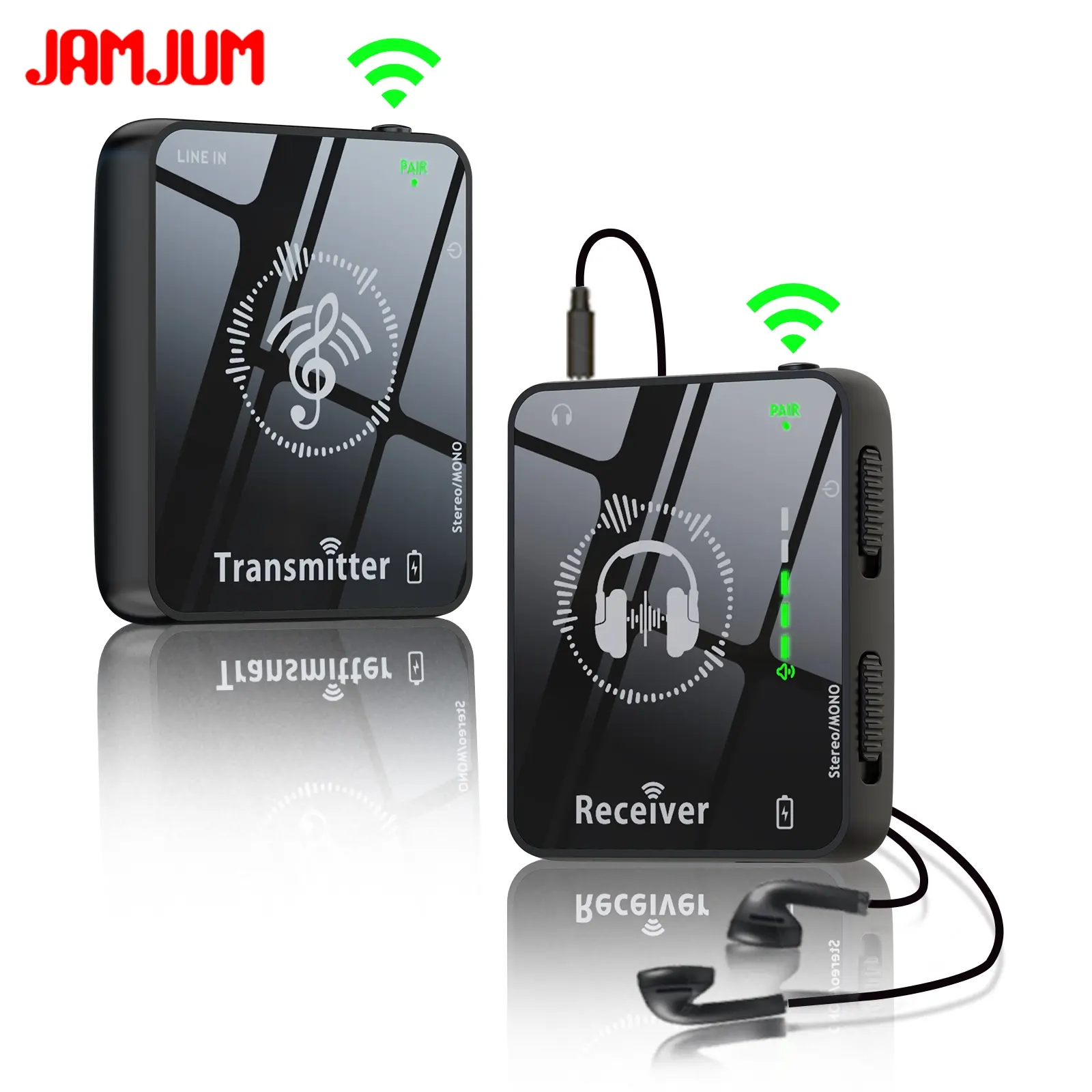 JAMJUM Wireless Ear Monitor System Low Latency Stereo Stage Monitoring, 4 Channels, Professional Audio Transmission 1 transmission to N receiver