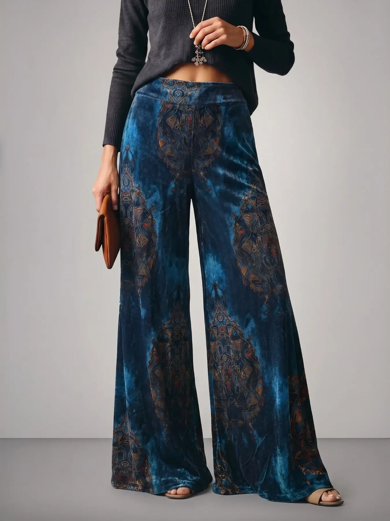 Vintage Pattern High Waist Wide Leg Pants for Women, Bottoms, Bohemian Elegant Luxury Design, Casual Social and Vacation Wear, Slim-Fitting, All Seasons