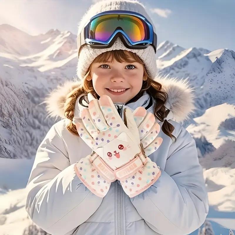 1 Pair Kids Ski Gloves Winter Boys Girls Snow Windproof Cold-Resistant Thickened Five-Finger Gloves Cute Cartoon Outdoor Thickened Fleece Split-Finger Gloves Suitable for Outdoors Play Suitable for 5-10 Years Old Children