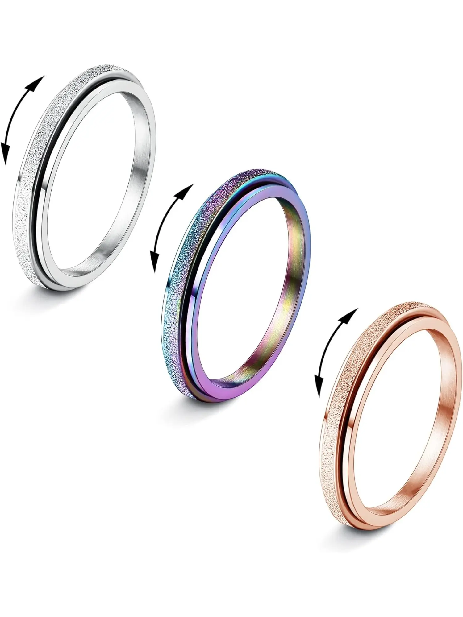 3 PCS Titanium Steel Spinner Fidget Rings for Women, Sandblast Glitter Smooth Spinning Anxiety Relief Band Rings, Stress Relief Jewelry Gifts, Anti Anxiety Jewelry, 2MM & 4MM Width
