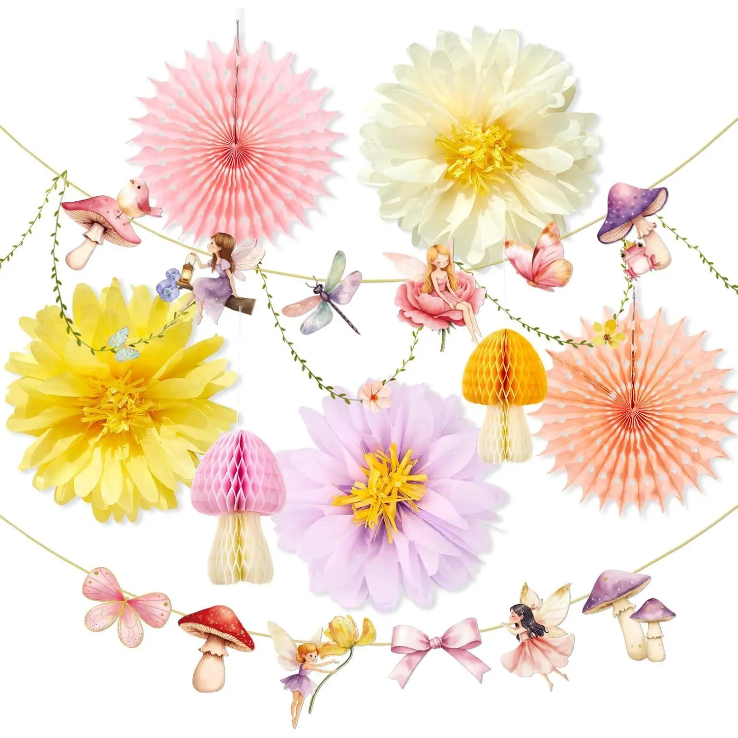 Fairy First Birthday Decorations with Fairy Banner Pastel Pompom and  Flower for Wall,Enchanted Forest Decoration for  Shower Classroom,Mushroom  Decor for Girl Party