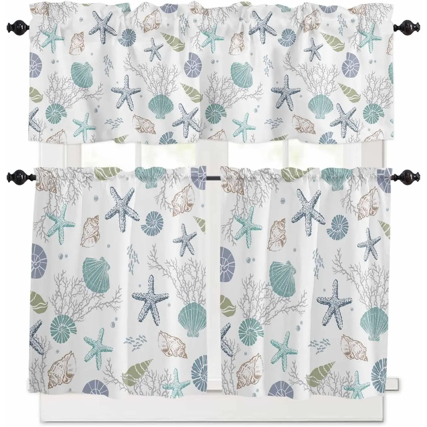 Kitchen Curtains and Valances Set, Rod Pocket Ocean Theme Tier Curtains 24 Inch Length, 3 Piece Nautical Starfish Seashells Short Cafe Drapes Sea Coral Beach Conch Window Treatments Set