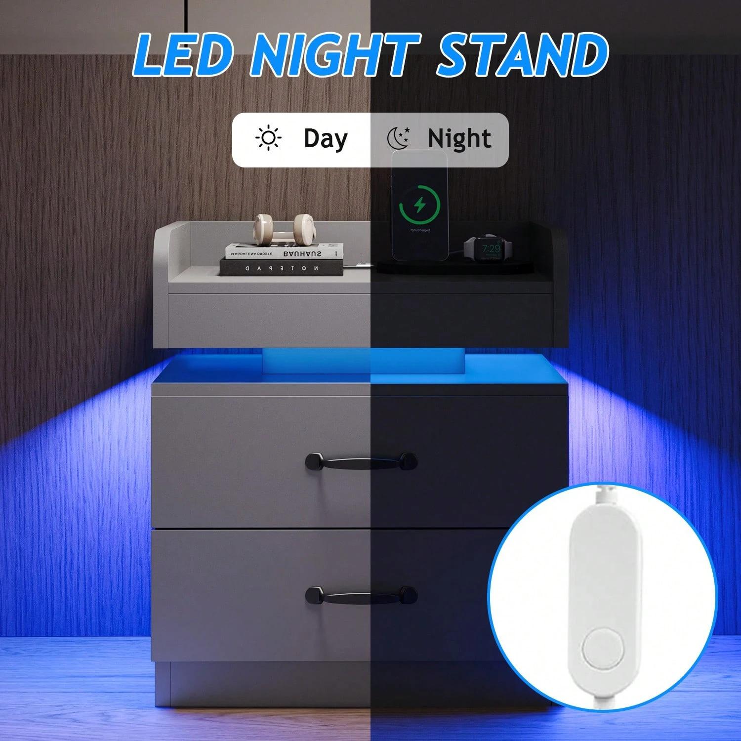 LED Nightstand With Drawers, LED Night Stand With Charging Station, Bedside Table For Bedroom, Modern Night Stand With 2 Wood Drawers End Side Table For Bedroom, Black/ White/ Grey