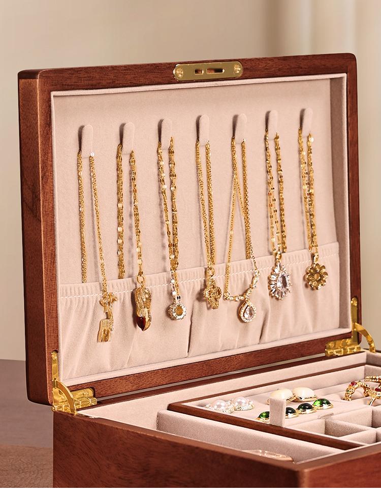 Solid wood embedded double-layer home jewelry box, desktop earring and ring storage box, flip-top lockable accessory storage box