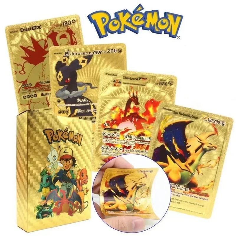 55PCS Pokemon Cards Gold Black Vmax GX Spanish English Charizard Card Box Mewtwo Rare Collection Battle Trainer Charizard Arceus Colour Pokemon Pikachu Card Children Toys Gifts
