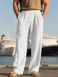 American Style Linen Plain Straight Leg Pants, Loose Fit Slimming Design, Lightweight Breathable Texture, Casual Long Trousers for Beach Travel