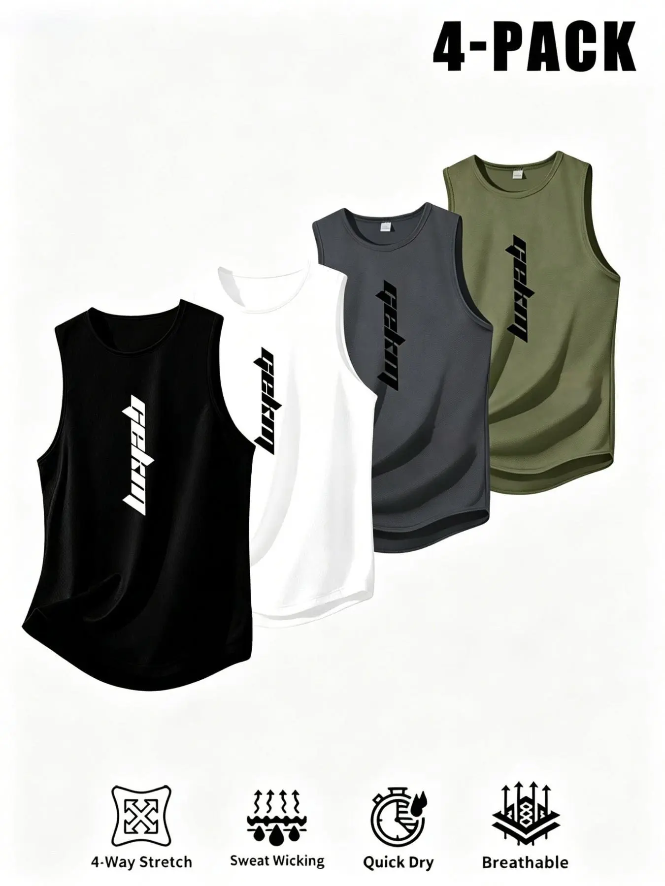 4-Pack Men's Casual Sleeveless Tank Tops, Multicolor Letter Print, Breathable Quick-Dry, Workout Sleeveless Activewear Sport Vests, Ideal for Gym & Running