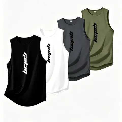 4-Pack Men's Casual Sleeveless Tank Tops, Multicolor Letter Print, Breathable Quick-Dry, Workout Sleeveless Sport Vests, Sleeveless Sports Top, Ideal for Gym & Running