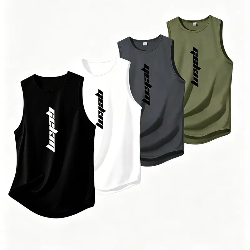 4-Pack Men's Casual Sleeveless Tank Tops, Multicolor Letter Print, Breathable Quick-Dry, Workout Sleeveless Sport Vests, Sleeveless Sports Top, Ideal for Gym & Running