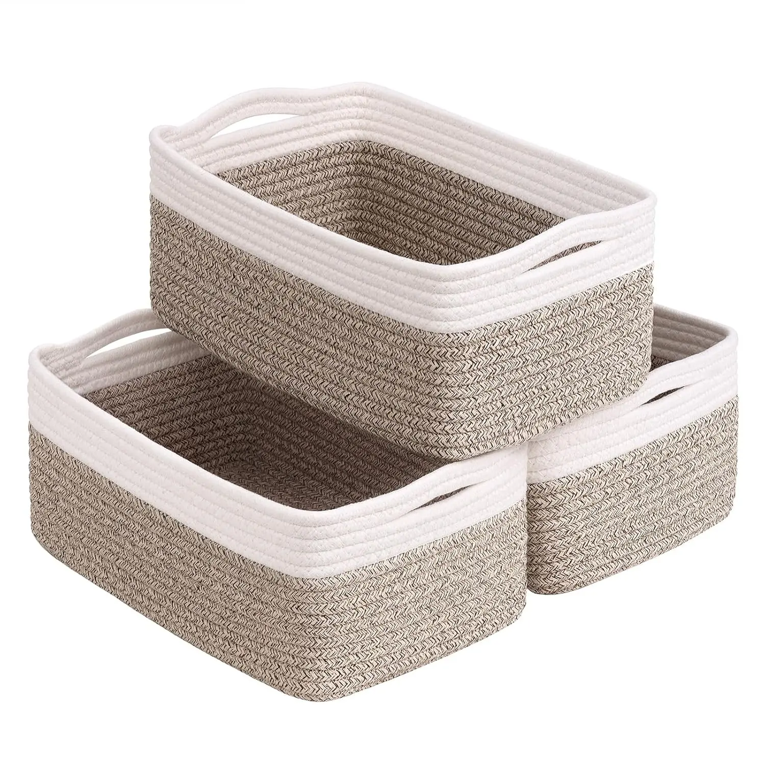 Cotton Rectangle Organizer Baskets (3-Pack, 13x8x5 in) - White & Light Brown Organizers and Storage for Menswear & Underwear, Room Storage Multi Purpose Shelf Gift for Dorms