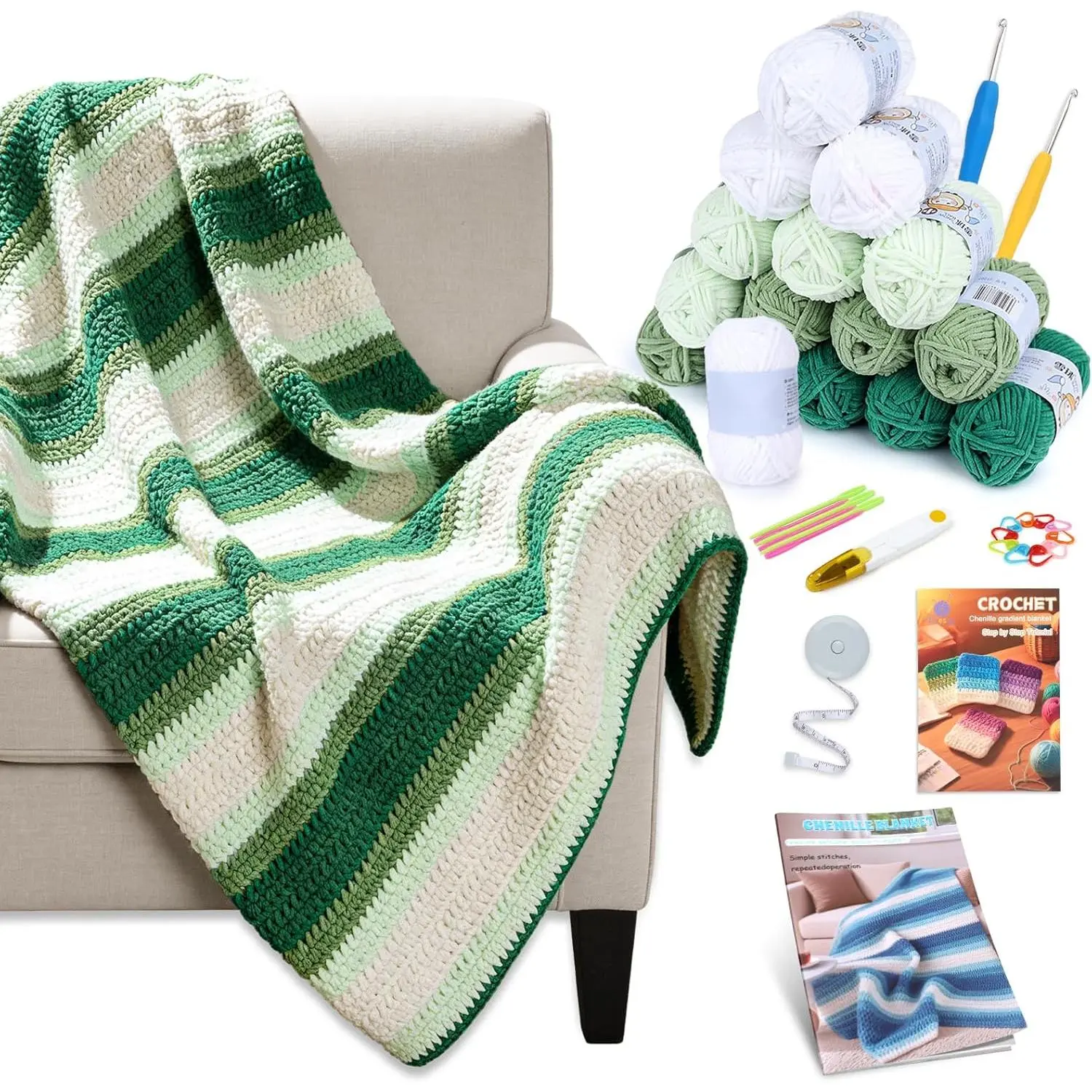 Crochet Blanket Kit for Beginners Adults - Gradient Green Ombre Throw Blanket Kit with Soft Chenille Yarn, Hooks & Instructions -  Crochet Starter Set for Adults