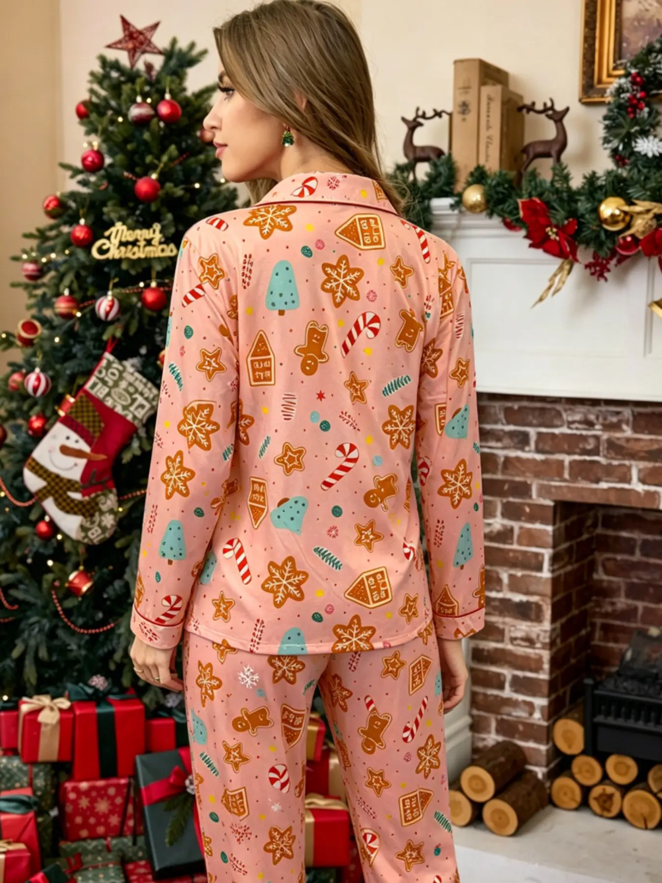 Christmas Limited Edition Cute Gingerbread Man Print Pajama Set, Loungewear, Festive Atmosphere, Retro Collar, Soft Fabric, Fall & Winter Home Wear