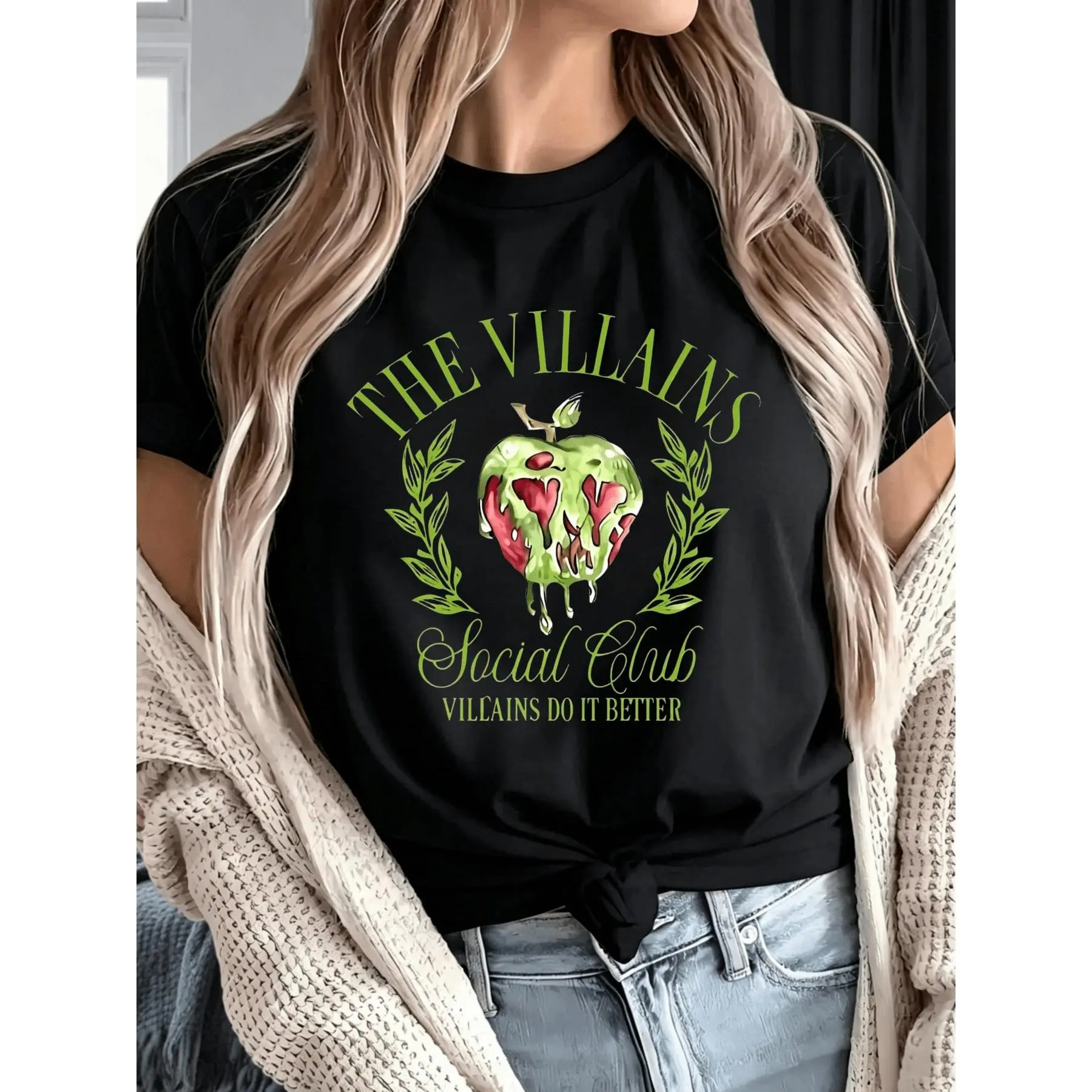 Gothic Villain Theme, Printed Plus Size Women's T-Shirt, Poison Apple And Laurel Wreath Graphic With Slogan, Soft Cotton Blend Fabric, Casual Daily We