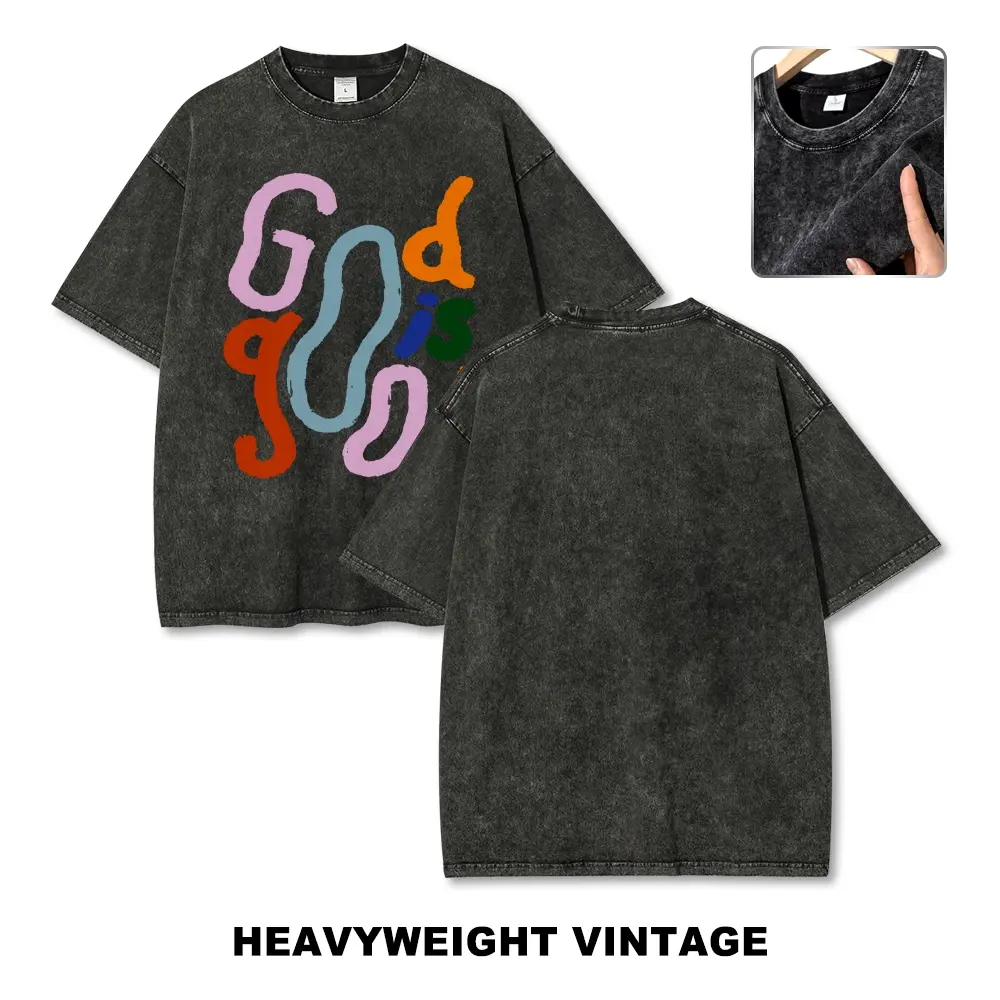 God Is Good Acid Wash Graphic Tee Colorful Bubble Letter Oversized Heavyweight Cotton Christian T-Shirt Vintage Faith Streetwear Unisex