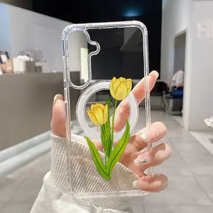 Magnetic Soft Case for  Samsung Galaxy S26 S23 Ultra S24 Plus FE S25 S22+ Golden tulip grace Pattern Anti-Yellowing Shockproof ultra-thin Silicone Crystal Transparent Acrylic Large Hole Cover Supports Wireless Charging