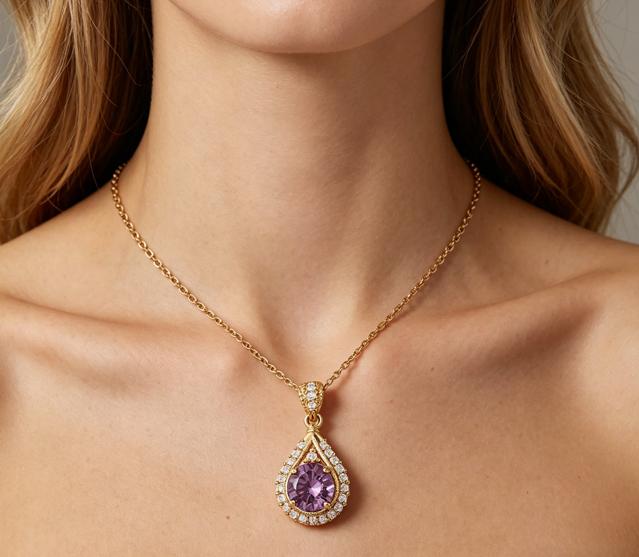 Purple Teardrop Pendant Collarbone Necklace |     Women's Fashion Versatile Necklace, Light Luxury Office Accessory, Crystal Necklace