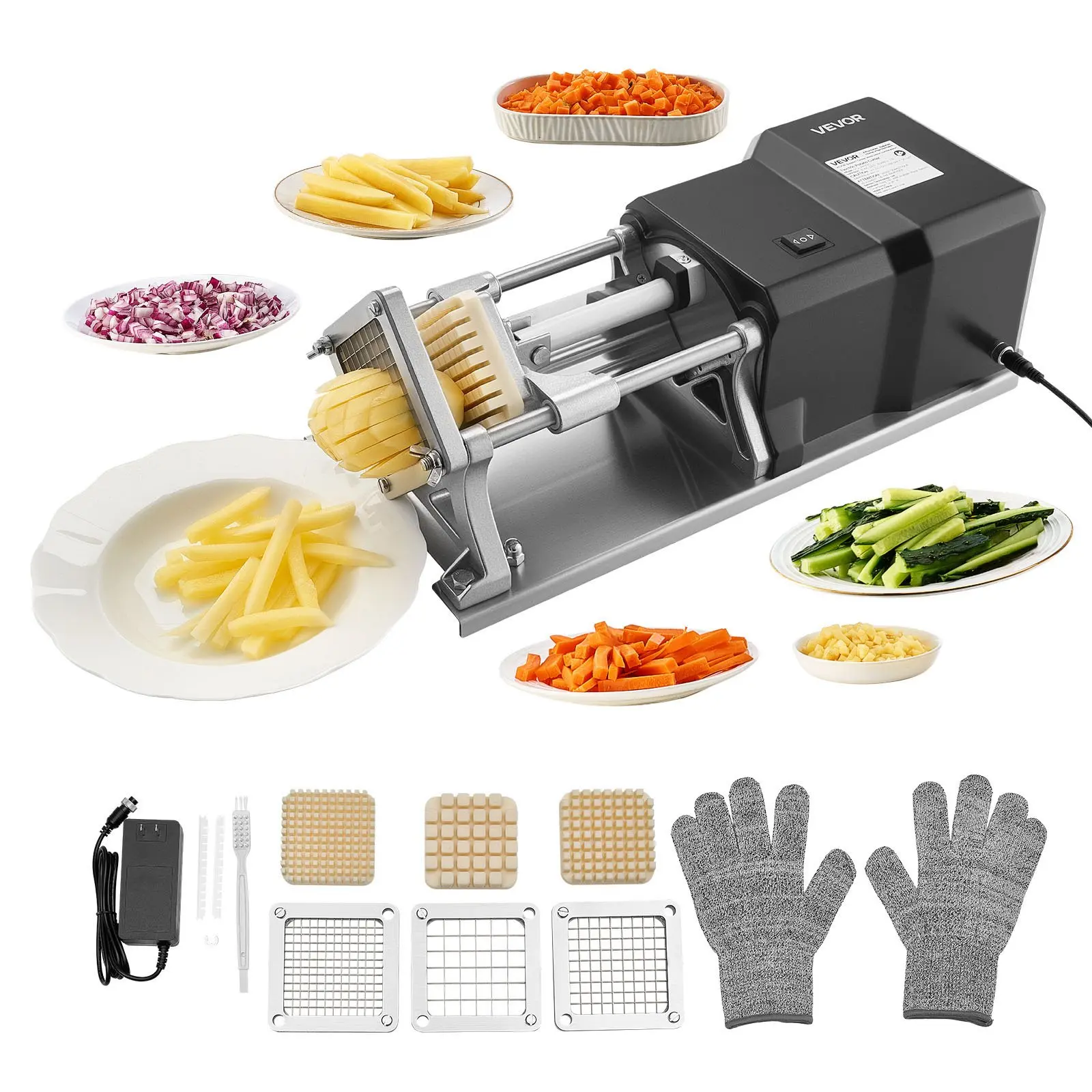 VEVOR Commercial French Fry Cutter, Stainless Steel Vegetable Fruit Chopper with 3 Replacement Blades 1/2-Inch 3/8-Inch 1/4-Inch, Electric Potato Slicer Dicer for Restaurants Home Kitchen