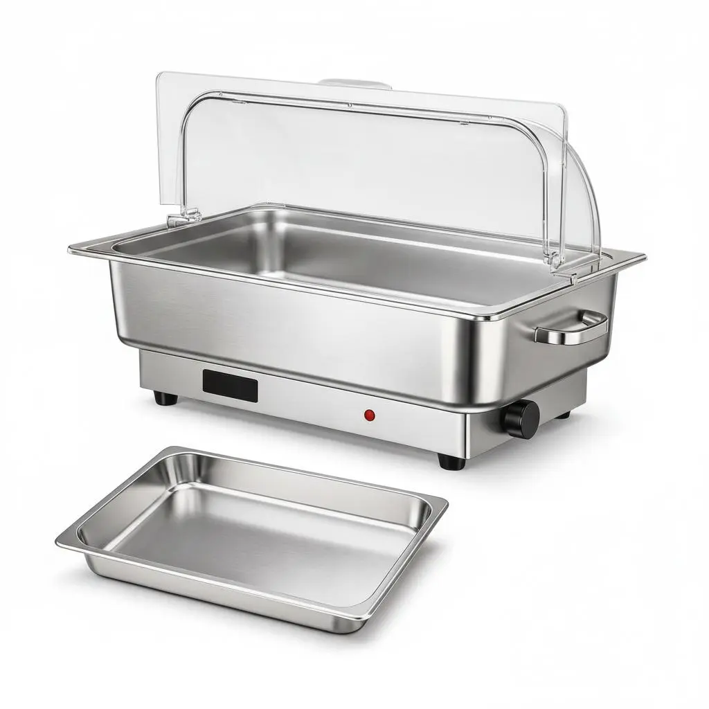 Stainless steel electric hot pot buffet set -9QT food heater with digital temperature control, transparent cover, 3 carriages - perfect for dining, parties, weddings - complete buffet equipment