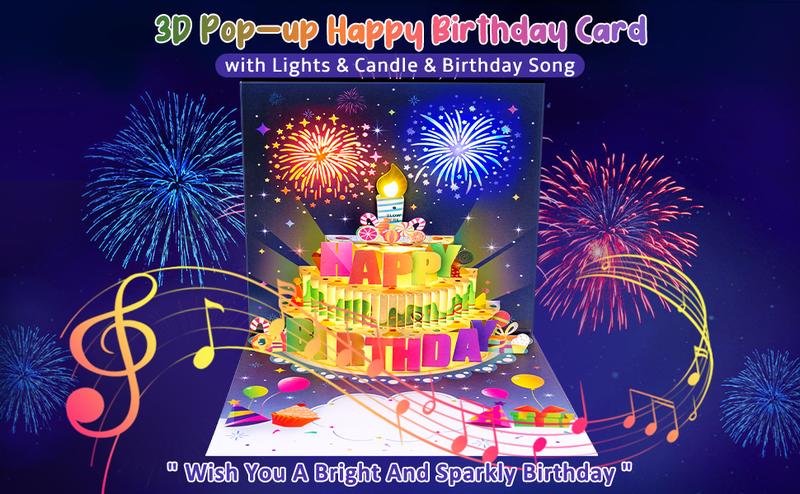 Birthday Cards Fireworks Pop Up Cake Blowable Light and Music Happy Birthday Card Gifts for Women Men Mom Kids