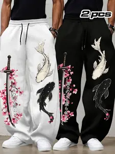 Viral 2-Pack Men's Oversized Sweatpants, Japanese Koi Fish, Katana & Cherry Blossom Print Joggers, Samurai Streetwear Casual Wide Leg Trousers for Men