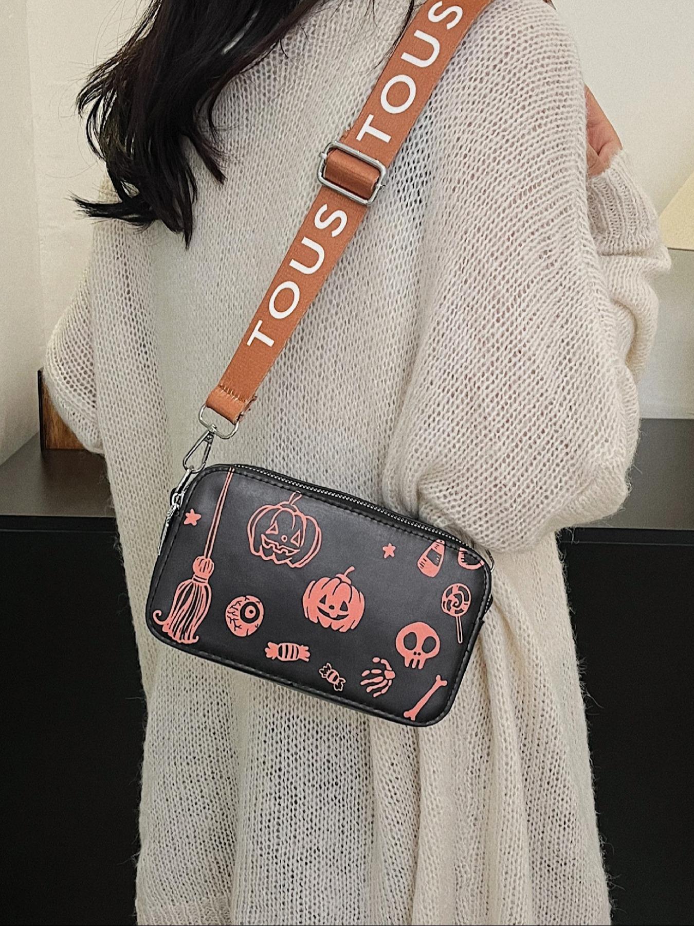 Skeleton & Pumpkin Pattern Crossbody Bag, Fashionable PU Leather Zipper Shoulder Bag for Women, Casual Trendy Versatile High-quality Daily Commuting Bag As Halloween Gift