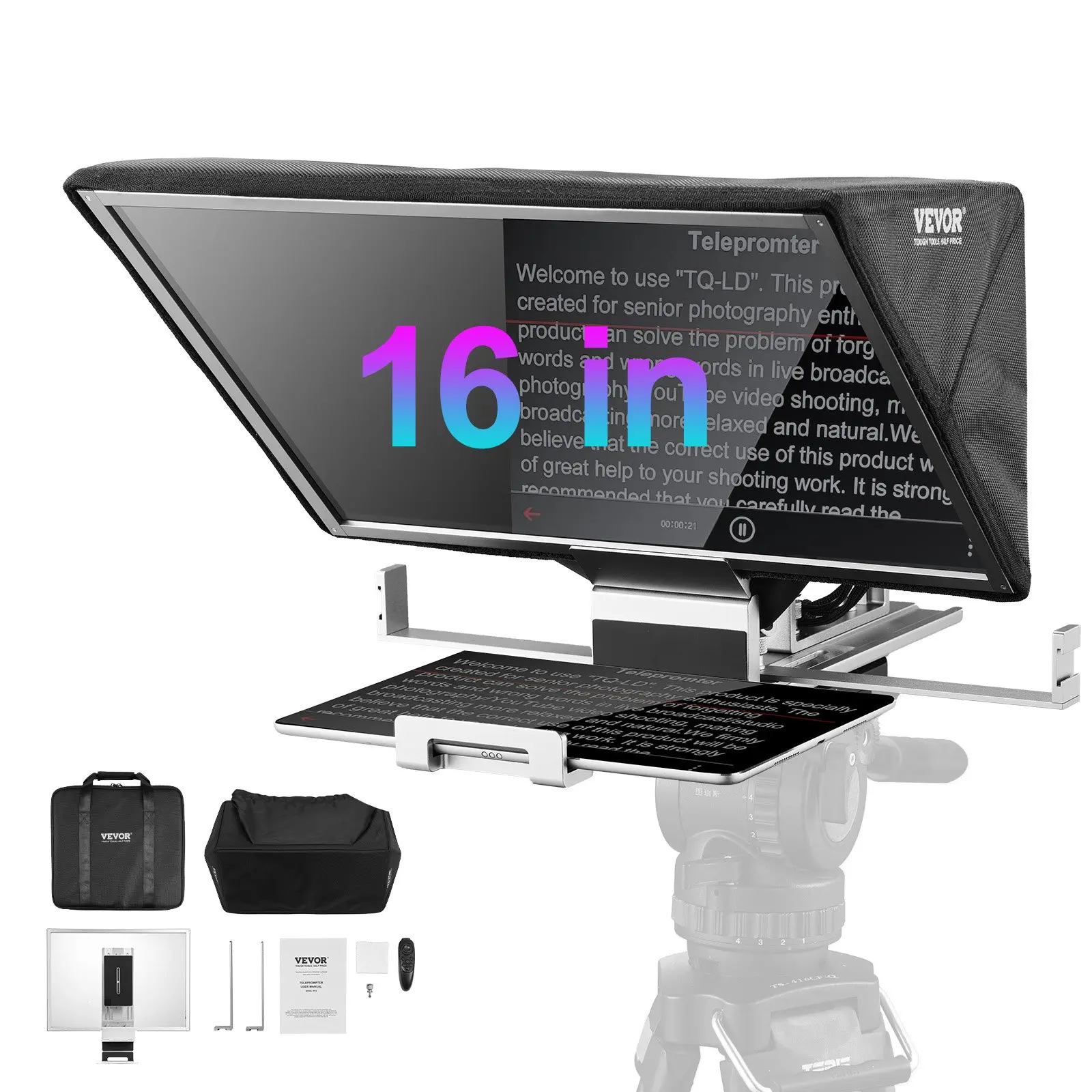 VEVOR 16 In Aluminum Alloy Floor Teleprompter, Adjustable Angle Spectroscope, Remote Control, Supports DSLR/Webcam for YouTube, Video Recording/Live Streaming