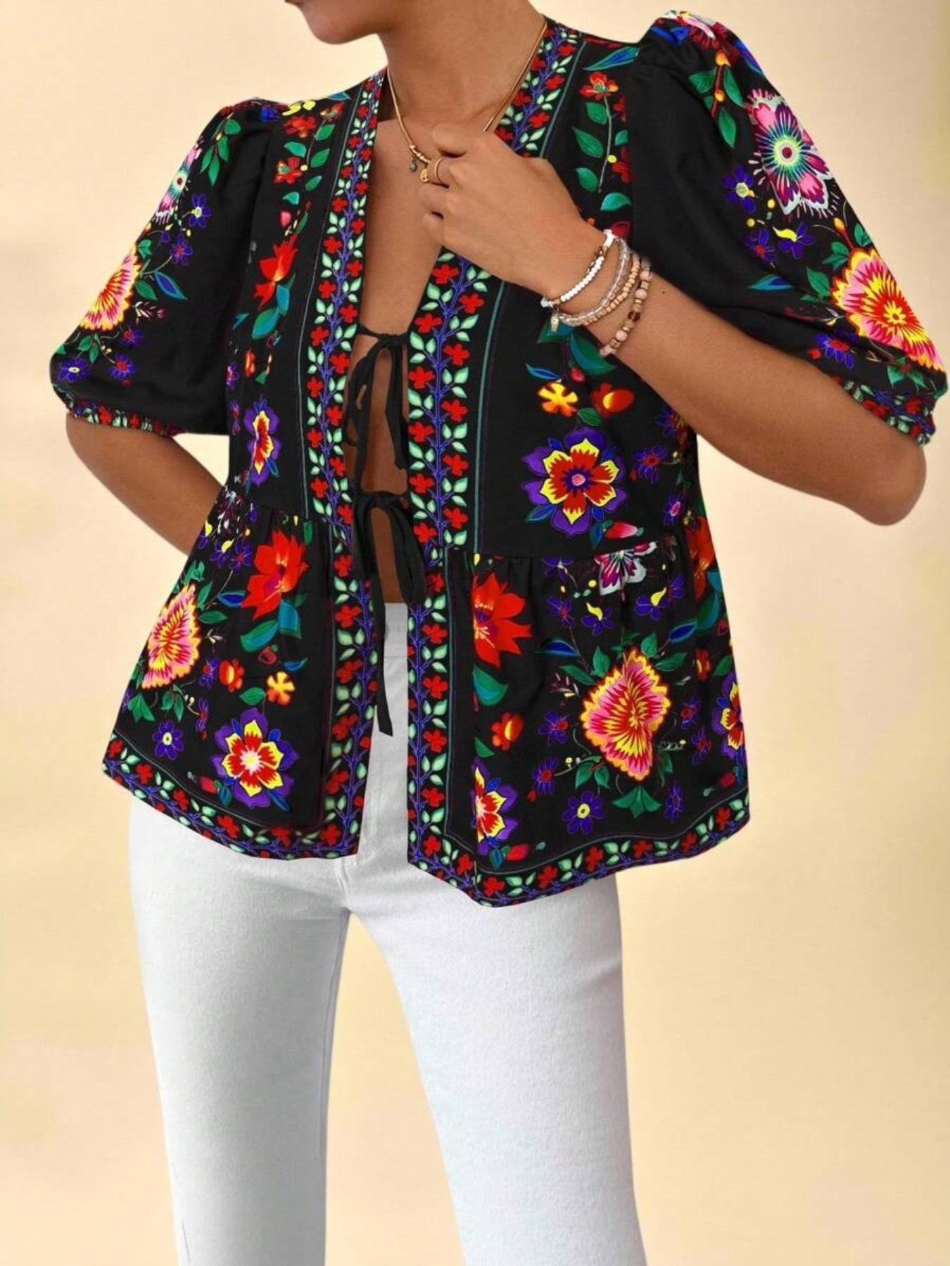 Women's Floral Print Tie Front Blouse, Boho Floral Printed, Boho Casual Fashionable Top for Daily Holiday Vacation Wear, Women Clothing for Summer, Lady, Womenswear