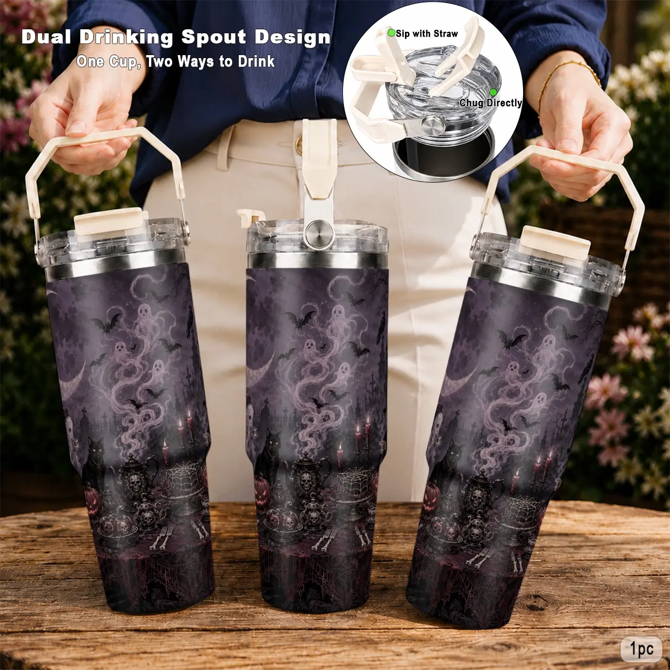 30oz 304 Stainless Steel Insulated Ice Tumbler, with gothic halloween ghost bat print, dual use lid leakproof easy to clean, for hiking picnic daily drinking, great gift for gothic style lovers