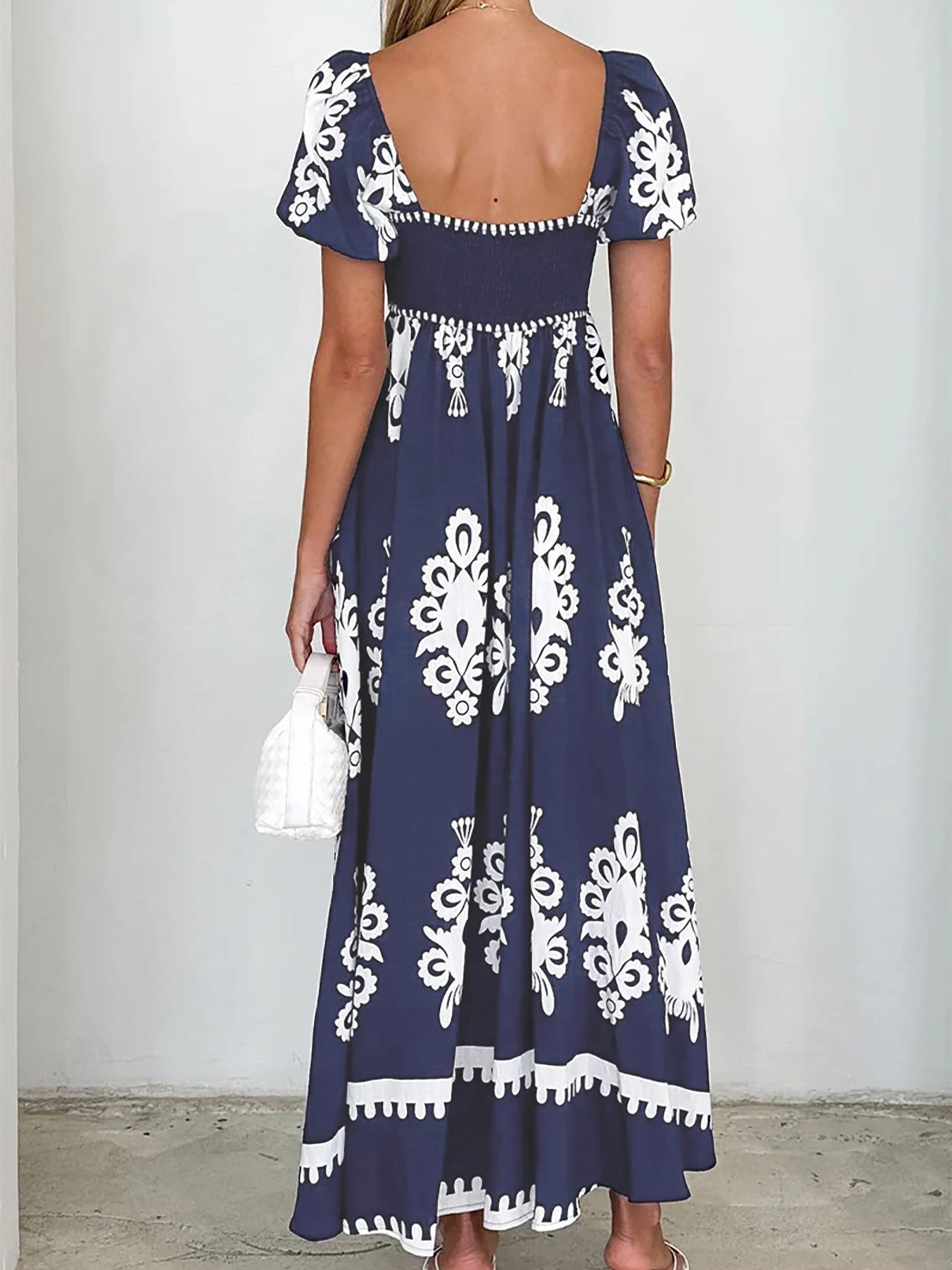 Women's Pocket Square Neck Dress, Bohemian Fashion Casual Short Sleeve Long Dress for Daily Holiday Vacation Wear, Ladies Dress for Summer, Classy Modest Dresses, Womenswear, Boho Chic Dress, Bohemian Print Dresses