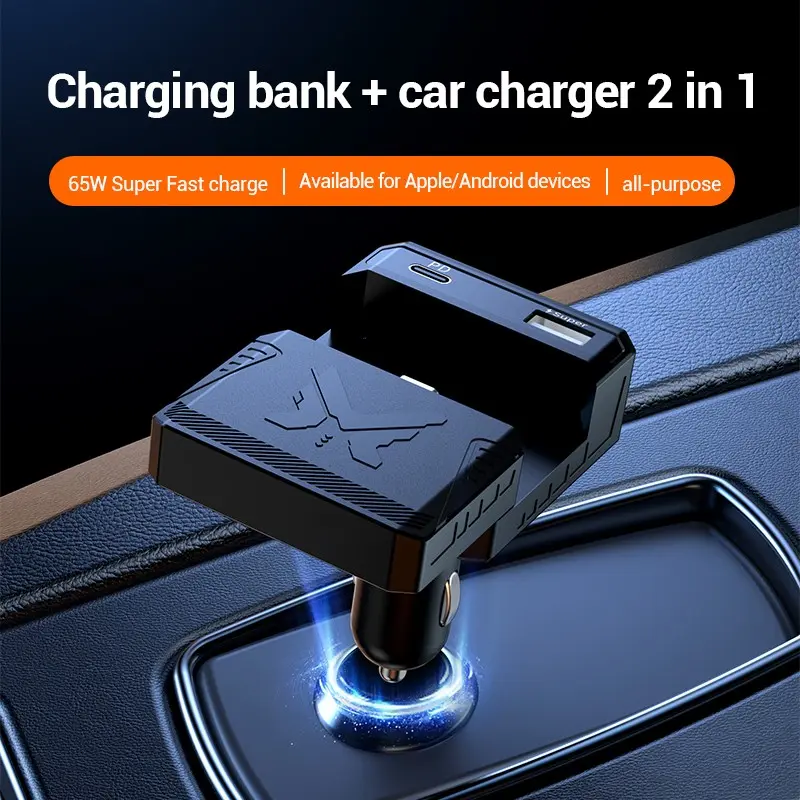 2-In-1 Car Charger with Mini Power Bank, Separable Car Phone Charger, 2000mah Battery, Lightweight, Type-C Port, Fast Charging, USB & PD Ports, Vehicle Charger
