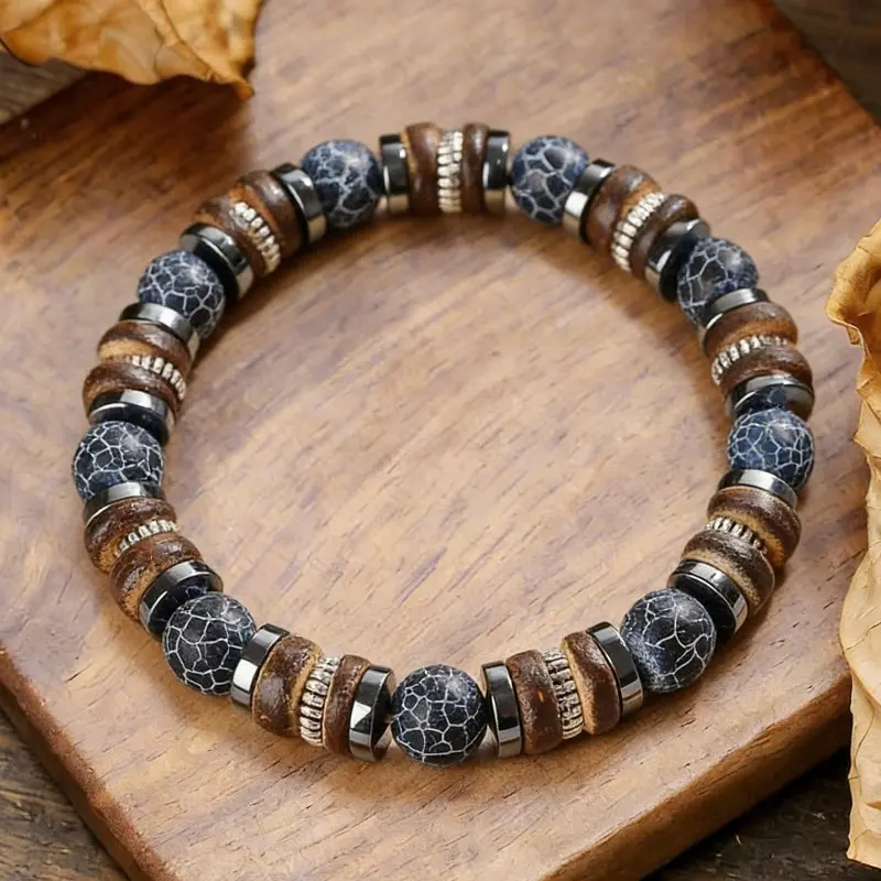 Women's Elastic Stretch Bohemian Bracelets - Ethnic Cracked Stone, Wood, Hematite Mixed Beads Unisex Jewelry, Daily Fashion Arm Candy Accessories, Boho Stone Bracelet, Mixed Materials