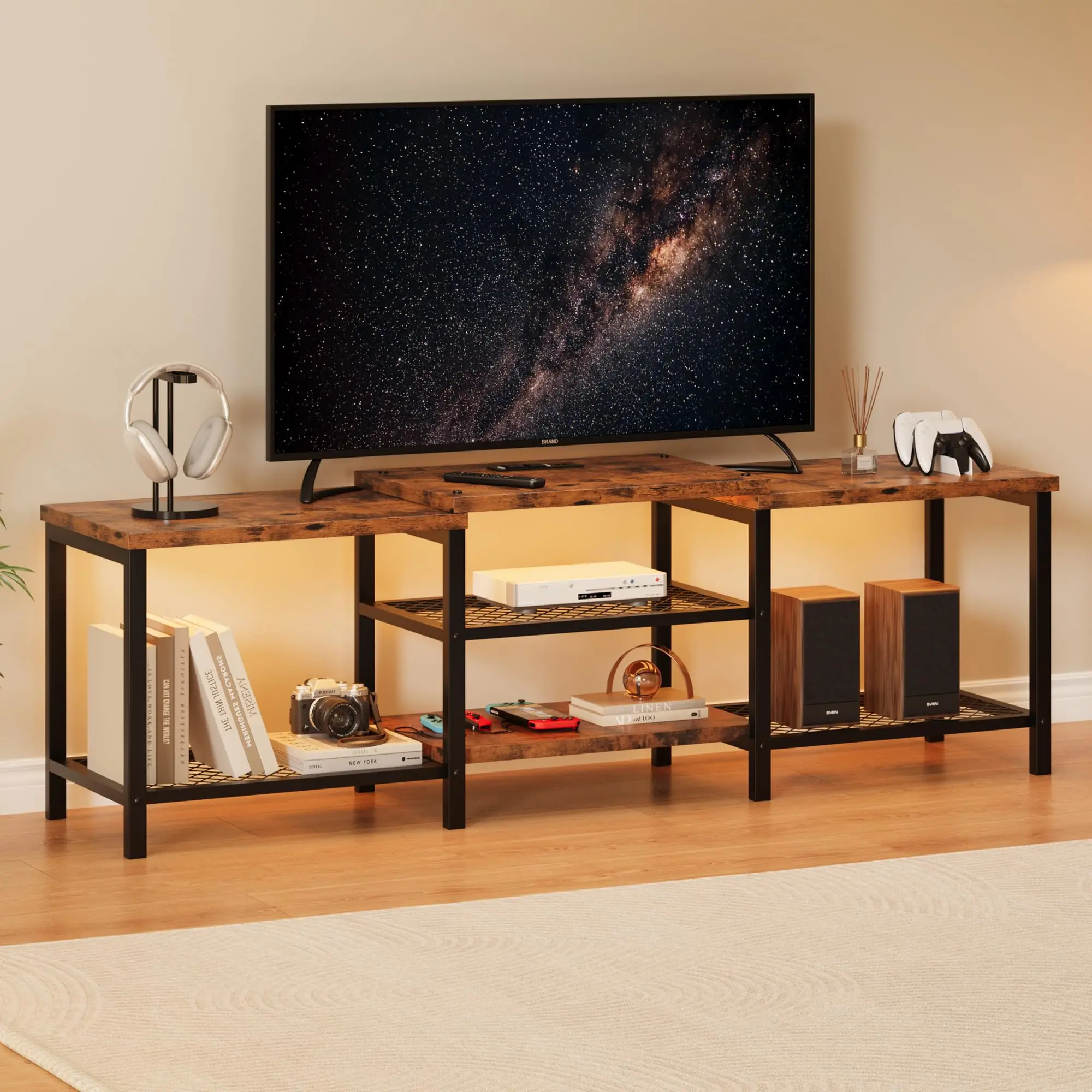 GARVEEEntertainment Center with LED Lights, Power Outlets, and Media Console for 55-75 Inch TVs, Vintage Brown Finish, Large Living Room and Bedroom Storage
