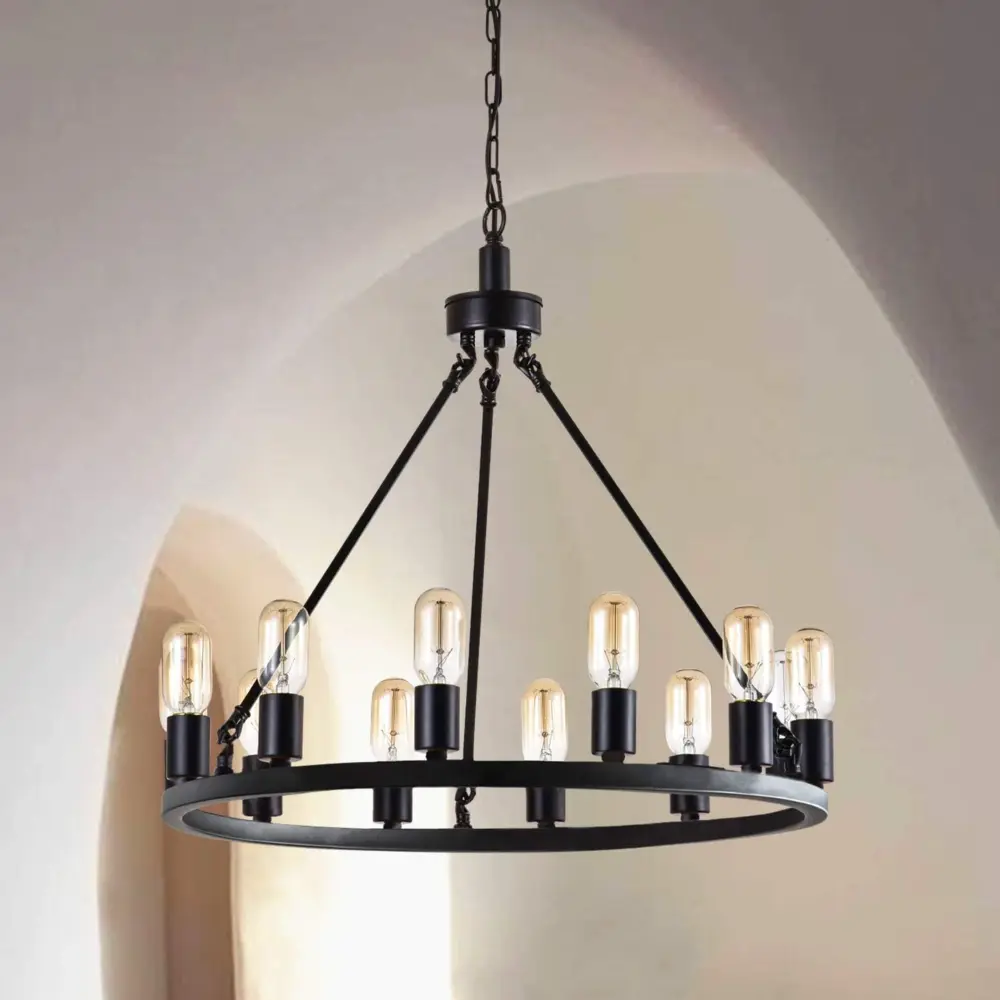 24.2x24.2x68" Black 12-Light Wagon Wheel Chandelier, Farmhouse Rustic Industrial Indoor Ceiling Light Fixture, Candle-Style Hanging Pendant for Living Room, Dining Room, Home Decor Illumination, Ceiling Mount