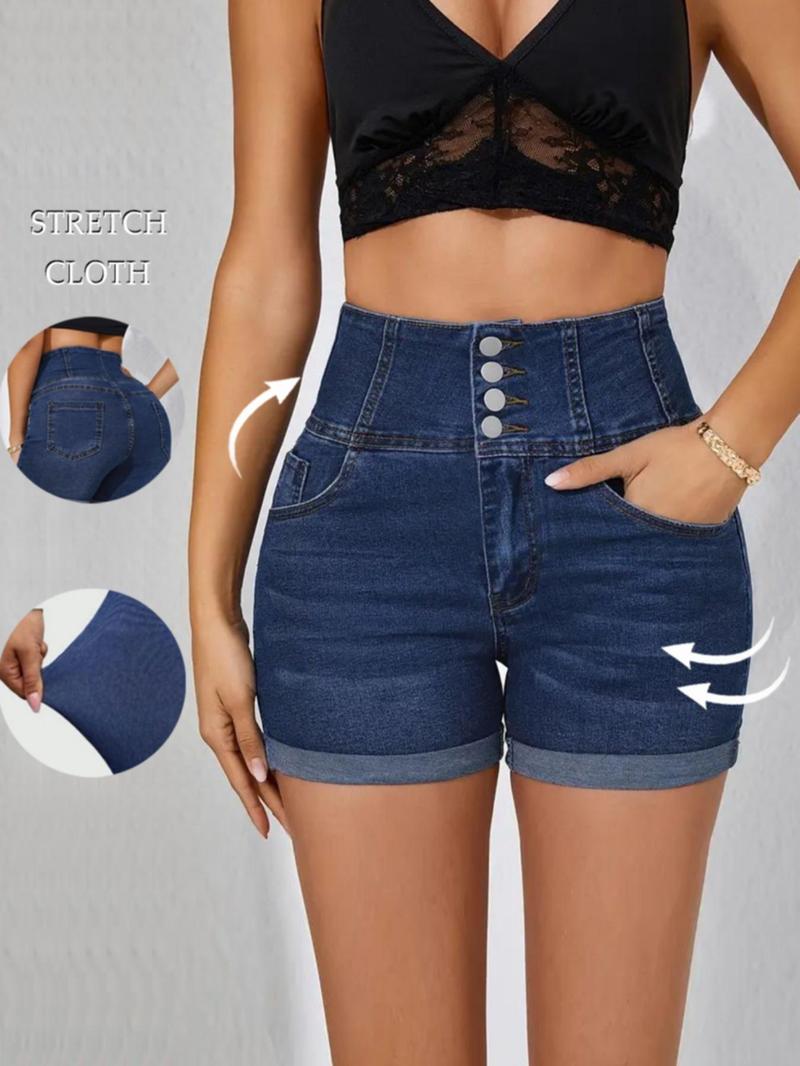 Women's High Waist Denim Shorts, Casual Comfy Button Fly Skinny Shorts for Daily Wear, Ladies Bottoms for All Seasons