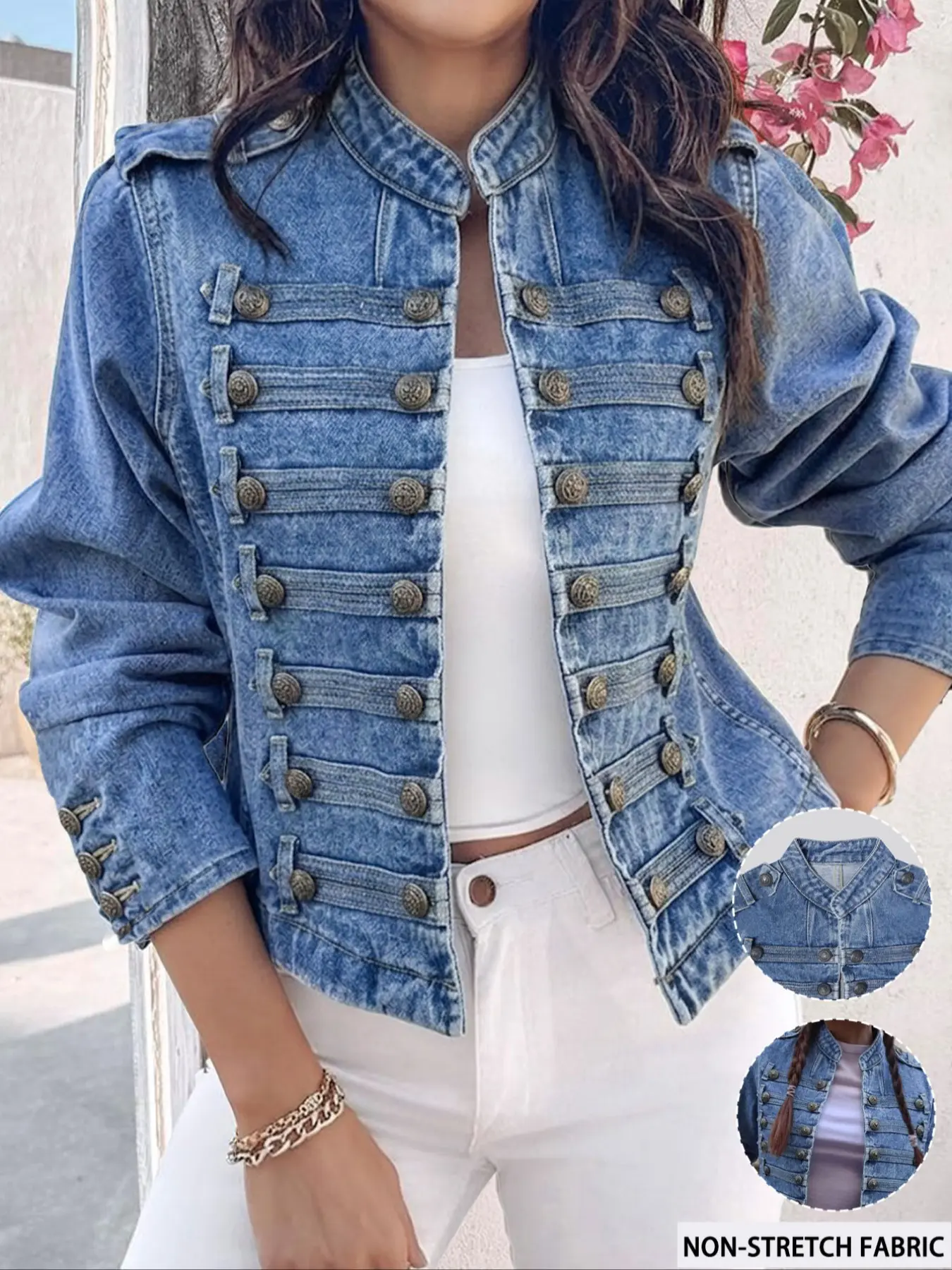 GILIPUR French Court-Style Denim Jacket – Women's Stand-Collar, Double-Breasted, Vintage-Wash Cropped Jacket; Slim-Fit, Waist-Cinching "Hot Girl" Style Top (TChic)