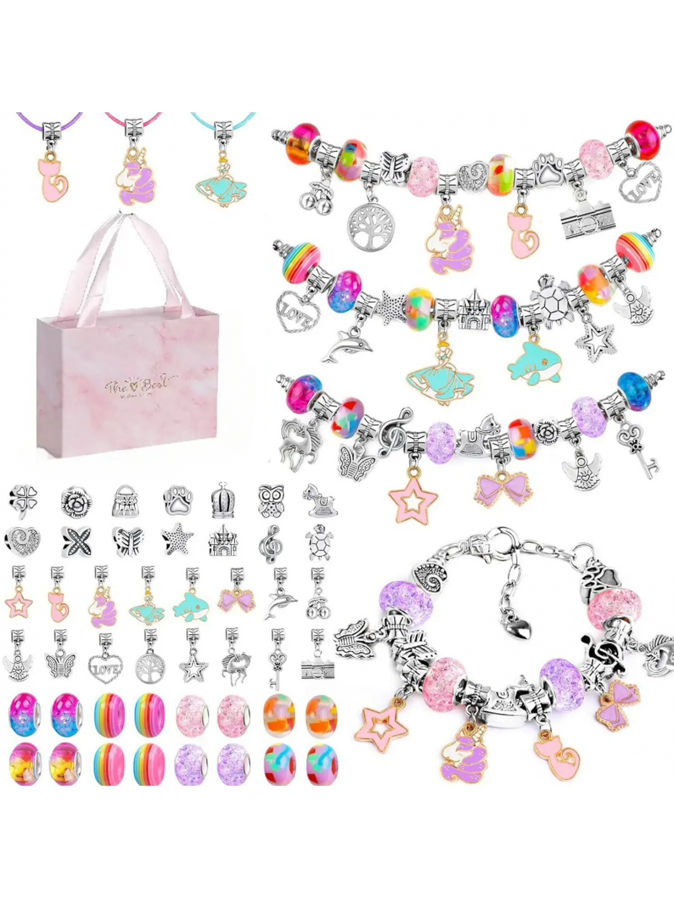 Cute Pink Cartoon DIY Jewelry Making Kit for Girls, Handmade Beaded Bracelet Craft Accessories, Elegant Gift Box for Birthday Holiday Presents