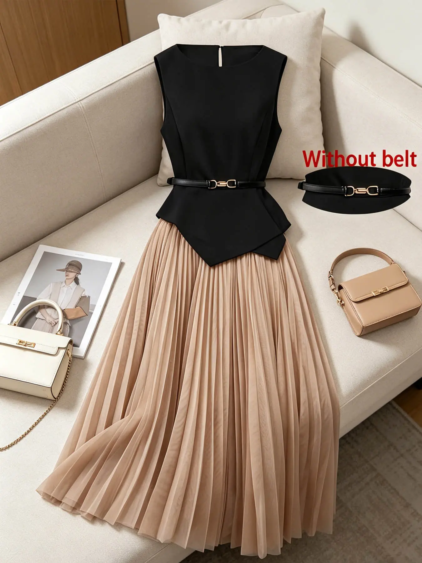 Two piece set, Matching skirt set of women's French light luxury style sleeveless vest+mesh large swing skirt [excluding belt] waist cinching slimming set, suitable for summer, daily work, business meetings, dinners