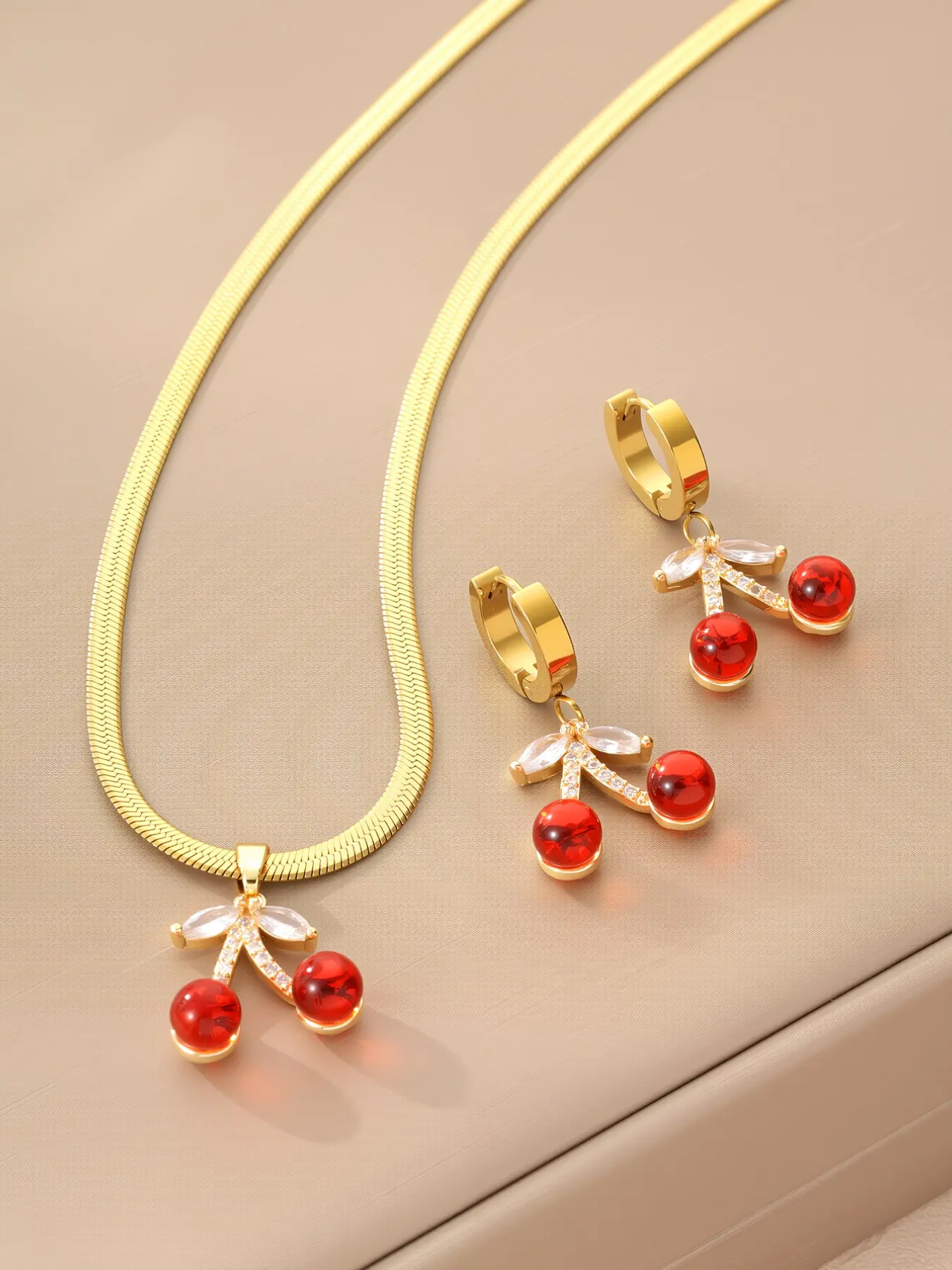 3pcs Cherry Shape Jewelry Set, Stainless Steel Hypoallergenic Necklace Earrings, Casual All-Season Accessories, Gift for Women
