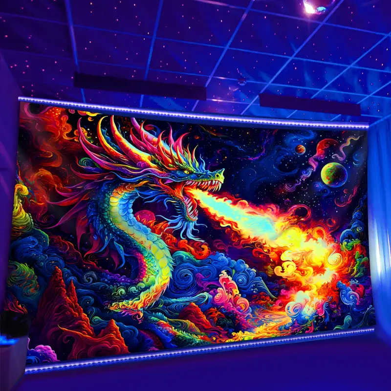 1-Piece Glow-in-Dark UV Reactive Fluorescent Tapestry - Polyester Cosmic Fire Dragon Fluorescent Art Wall Art, Cotton Custom Print Home Decor Wall Hanging for Living Room, Spooky Skeleton Aesthetic Fan Gift