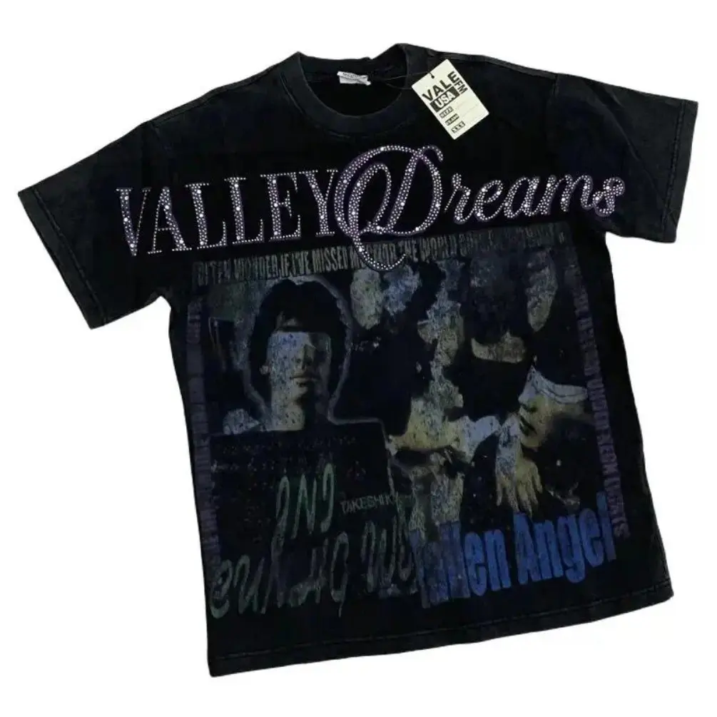Retro Wash VALLEY Dreams Rhinestone Graphic T-Shirt Men Women Vintage Movie Poster Hot Drill Oversized Hip Hop Streetwear Tee 2026 Summer Festival Y2K Retro Heavy Cotton Moisture Wicking Mens Casual Top