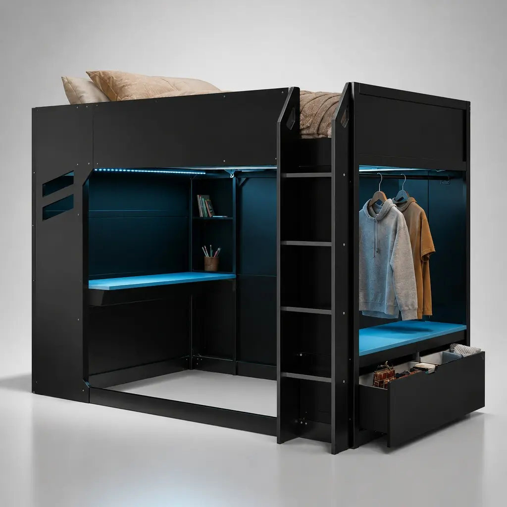 ARCH Furniture Full-Size Wood Kids Loft Bed for Kids Bedroom - Height-Adjustable Desk, Dual Drawers, Headboard Storage, Clothes Hanging Rod, RGB Lights (Blue)