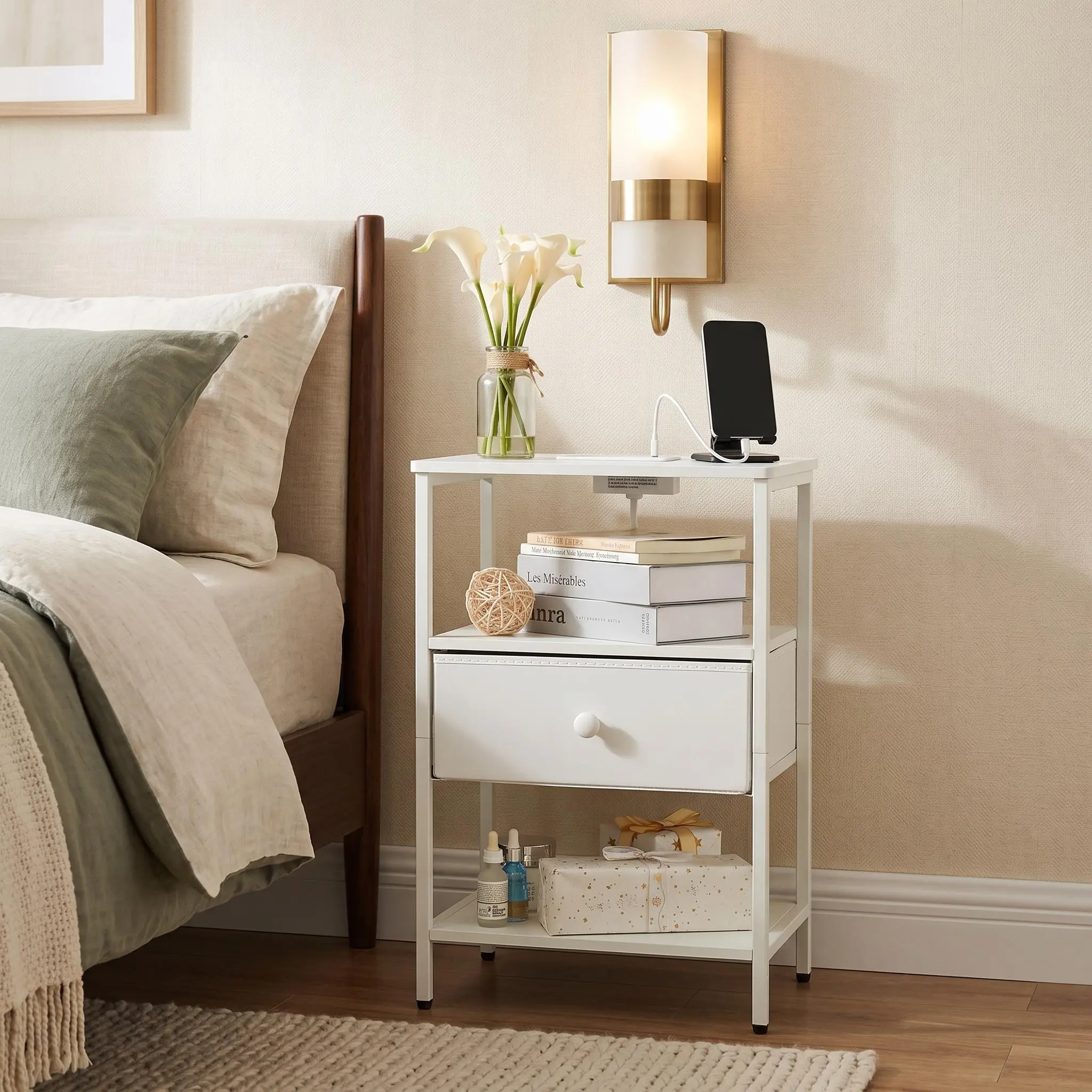 【IdealHouse】Compact Modern Narrow Bedside Table with Charging Station, 3 Tier Storage and Fabric Drawer, Sturdy Metal Frame Nightstand for Bedroom Living Room and Small Spaces