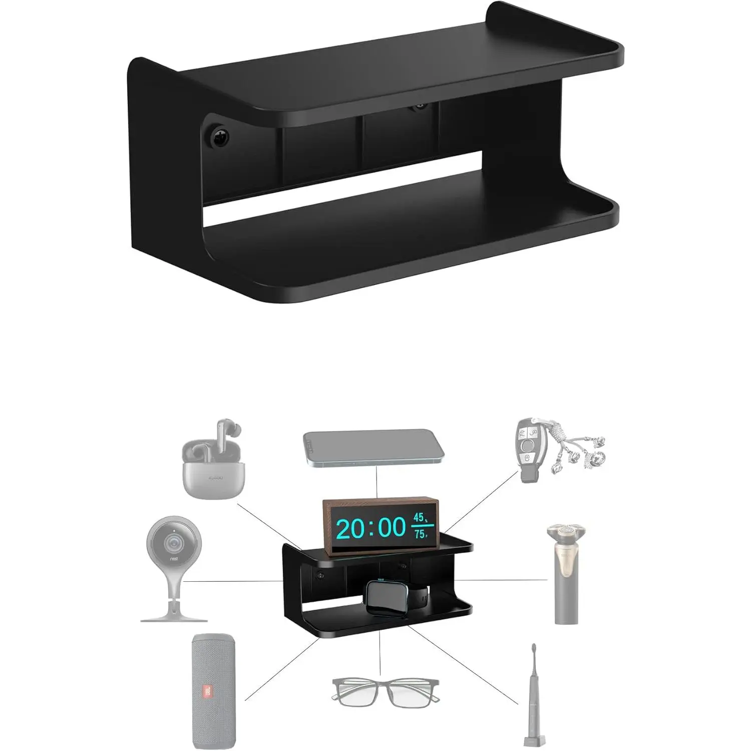 Bedside Wall Shelf Organizer Small Bedside Shelf Wall Mount for Bed Universal Stick on Wall Shelf Double Tray Holder for Storing Cellphone, Glasses, Keys, Camera, Alarm Clock (Black)